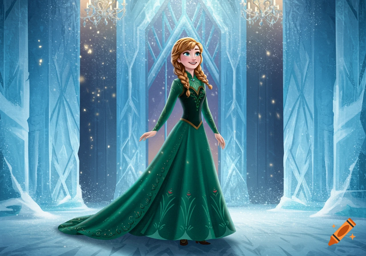 Anna from Frozen in a green coronation dress stands in a sparkling ice palace.