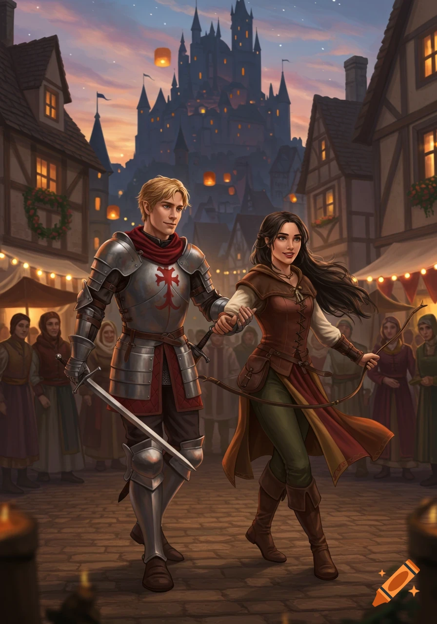 A knight and a princess walk hand-in-hand through a bustling medieval village festival at dusk, with a castle in the background. Digital painting.