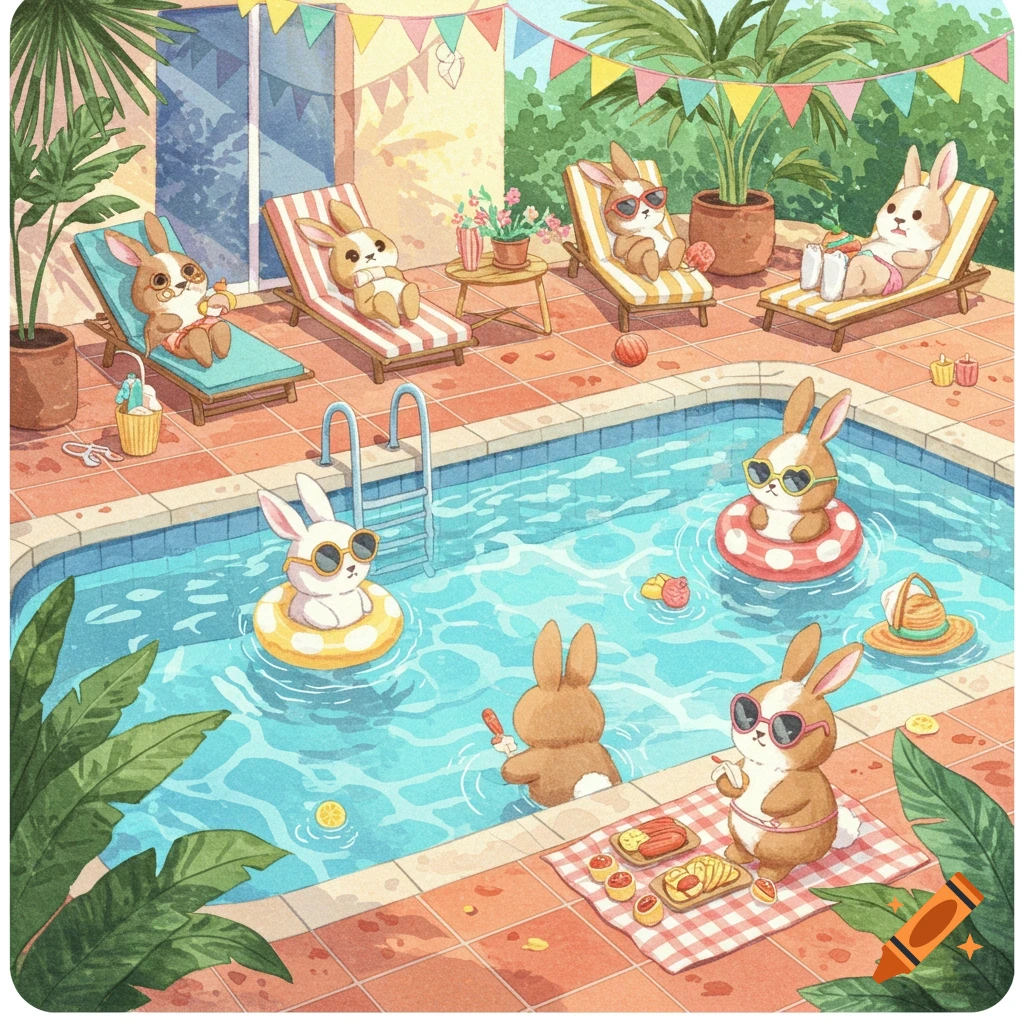 Cute illustrated bunnies enjoy a sunny pool party, some swimming, some relaxing on lounge chairs, and some eating by the poolside.