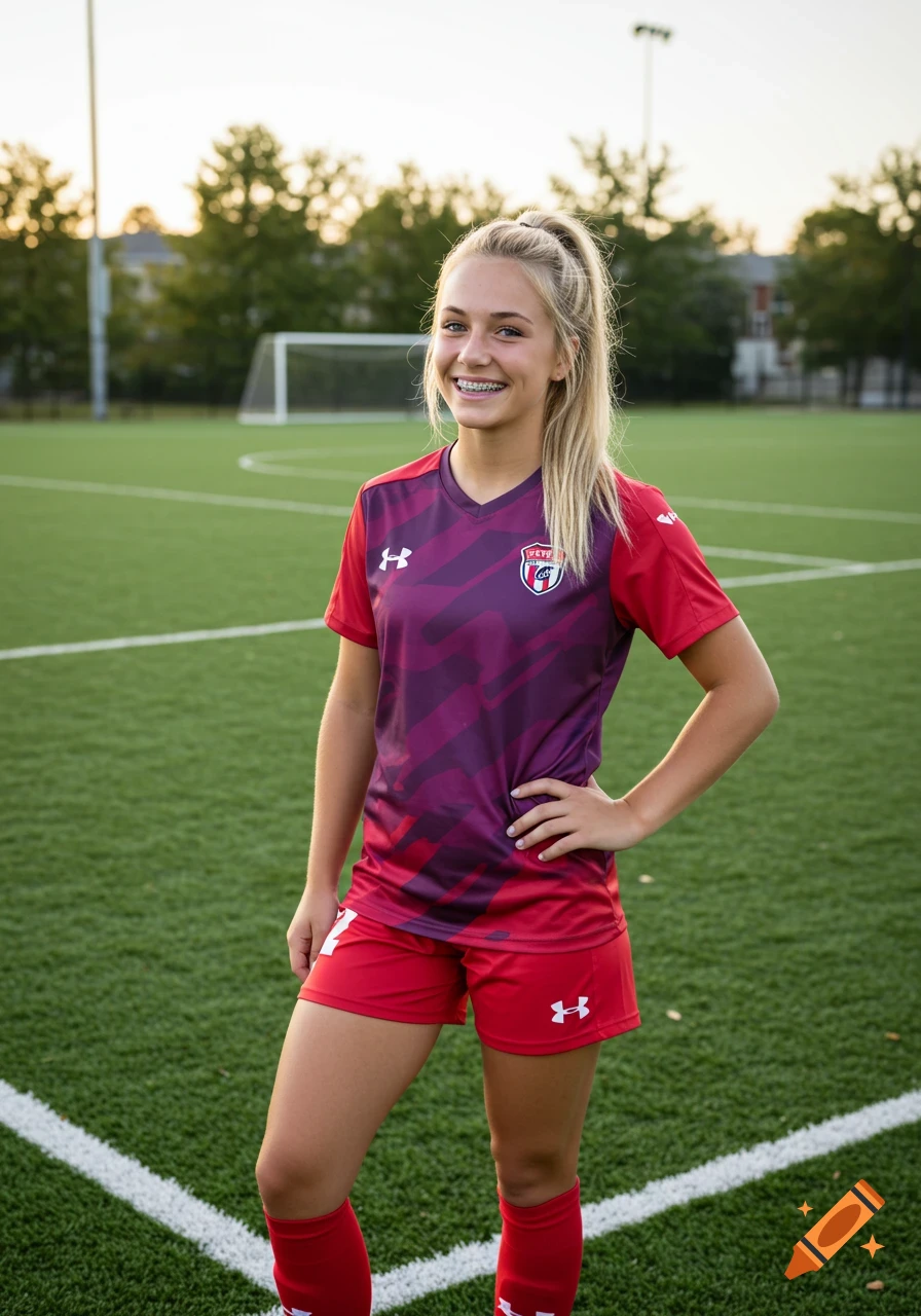 A blonde female soccer player with braces, wearing a red and purple uniform, smiling on a green soccer field.