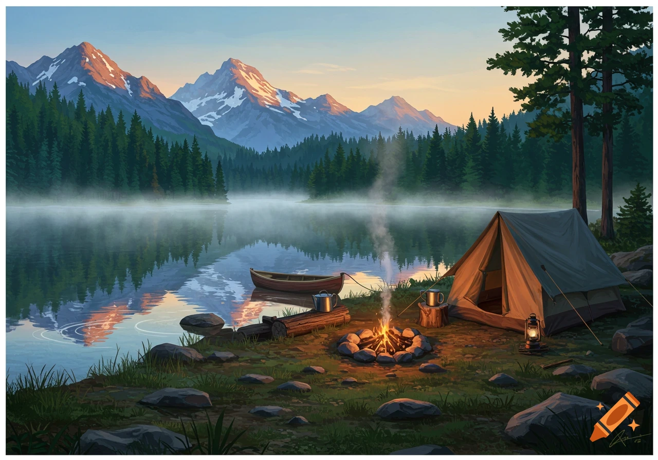 A serene campsite at dusk by a misty lake, with a tent, a crackling campfire, a small boat, and majestic snow-capped mountains in the background.