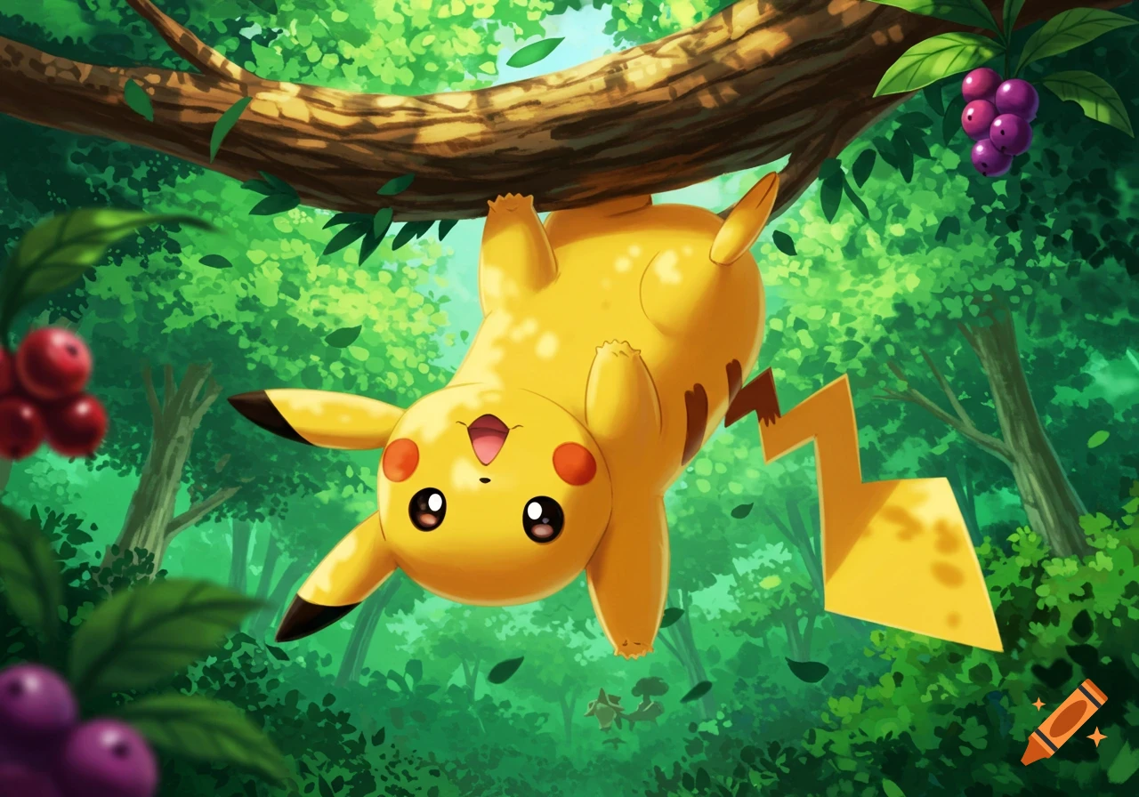 Pikachu hangs upside down from a tree branch in a lush green forest, with berries visible.