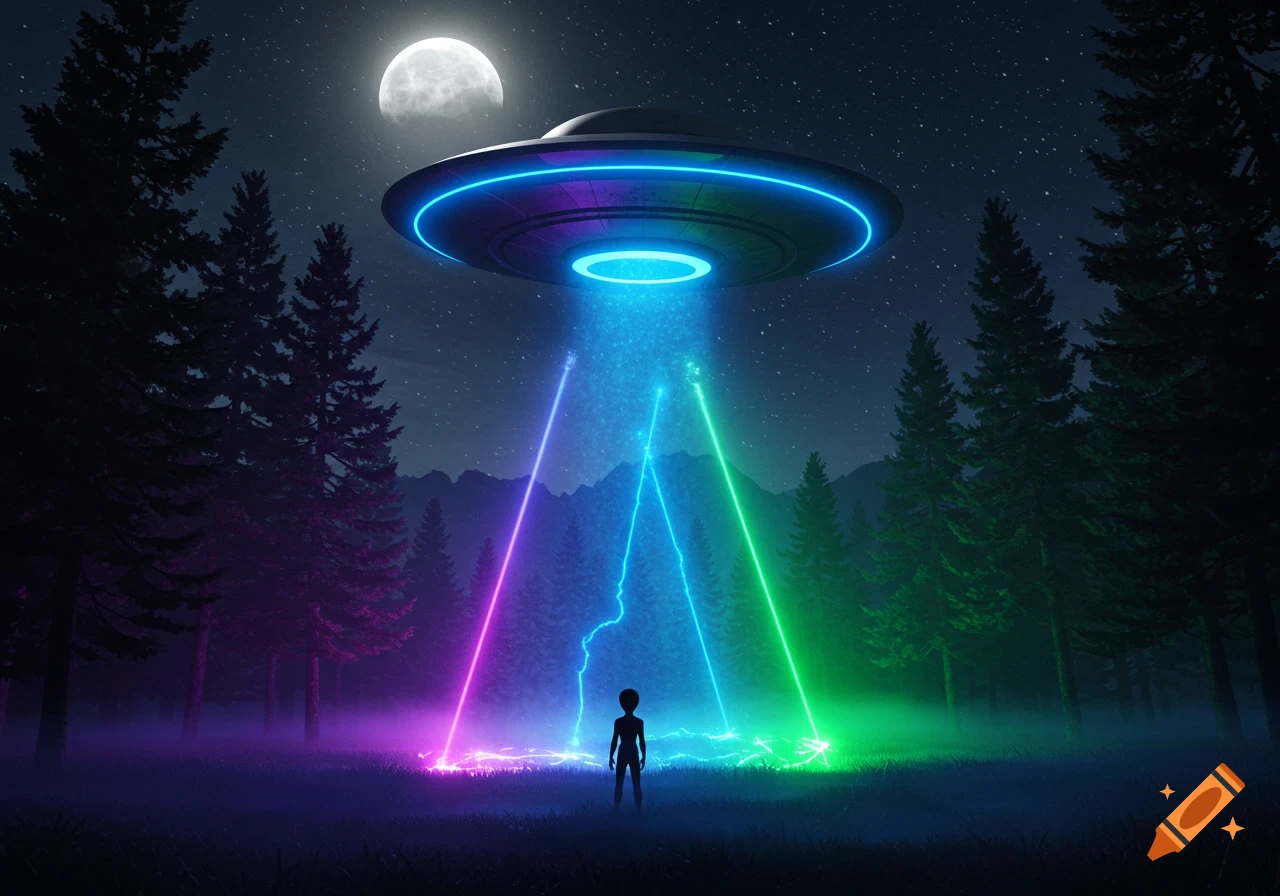 UFO hovers over a dark forest at night, beaming vibrant lights onto a silhouetted figure.