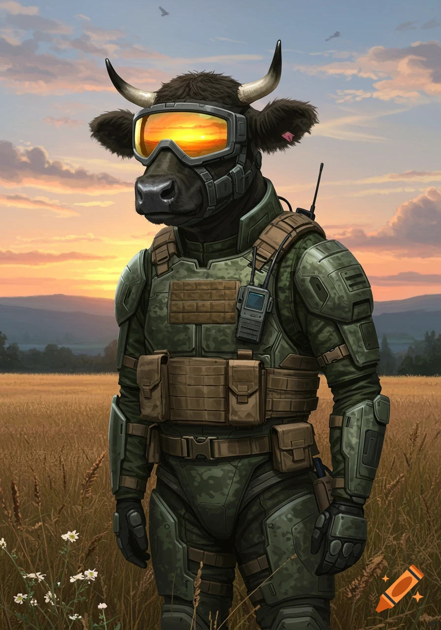 A black bull wearing tactical military gear and orange goggles stands in a golden field at sunset.