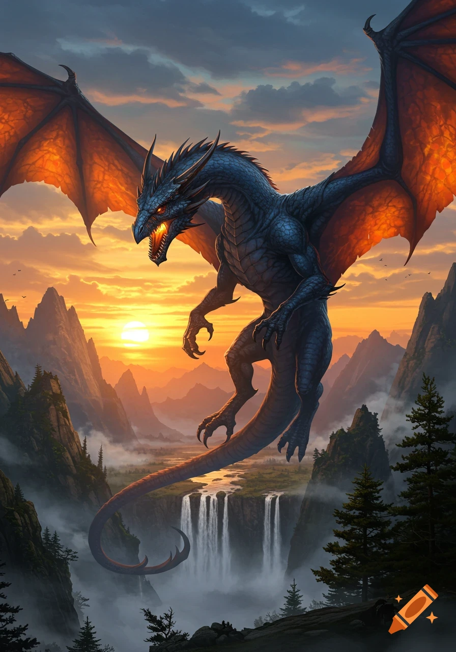A majestic blue dragon with glowing orange wings soars over a misty mountain valley with waterfalls at sunset.