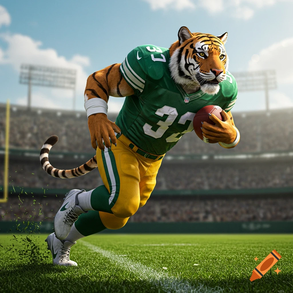 A photorealistic tiger in a green and gold football uniform runs with a football on a stadium field.