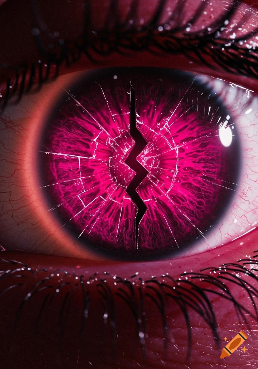 Close-up of a human eye with a cracked magenta and pink iris forming a broken heart shape.