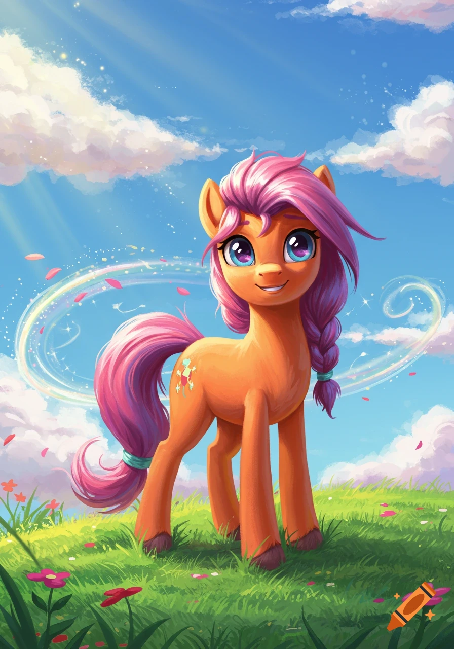 Sunny Starscout, an orange pony with pink mane, stands in a green field under a blue sky with clouds, surrounded by magical glow.