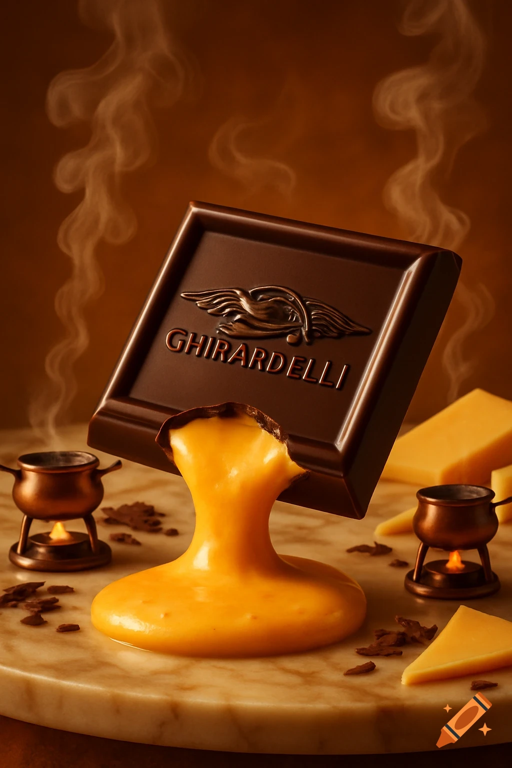 Photorealistic image of a Ghirardelli chocolate bar melting yellow cheese onto a marble surface, with fondue pots and cheese blocks.