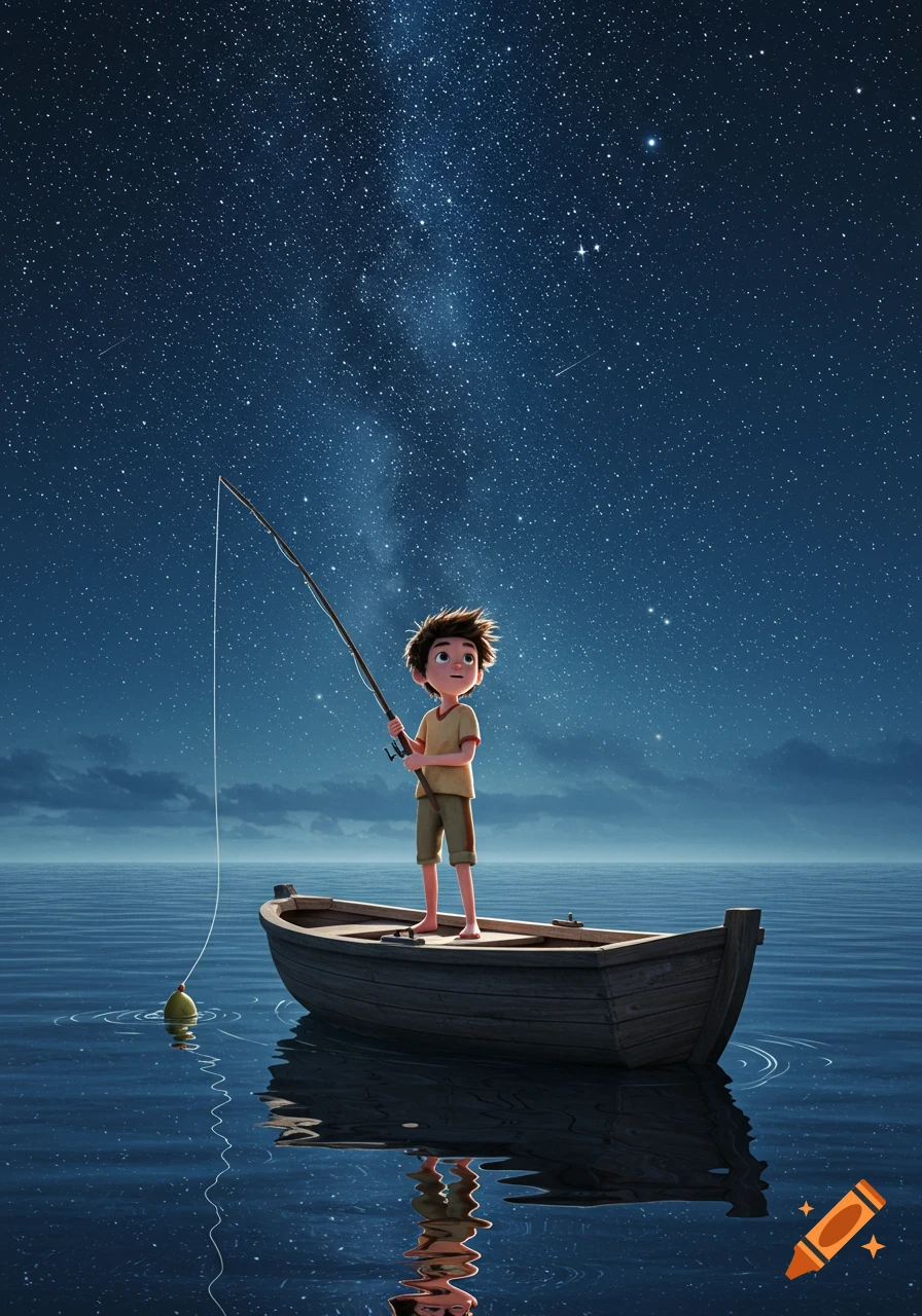 An animated boy stands in a boat, fishing under a vast, starry night sky on calm water.