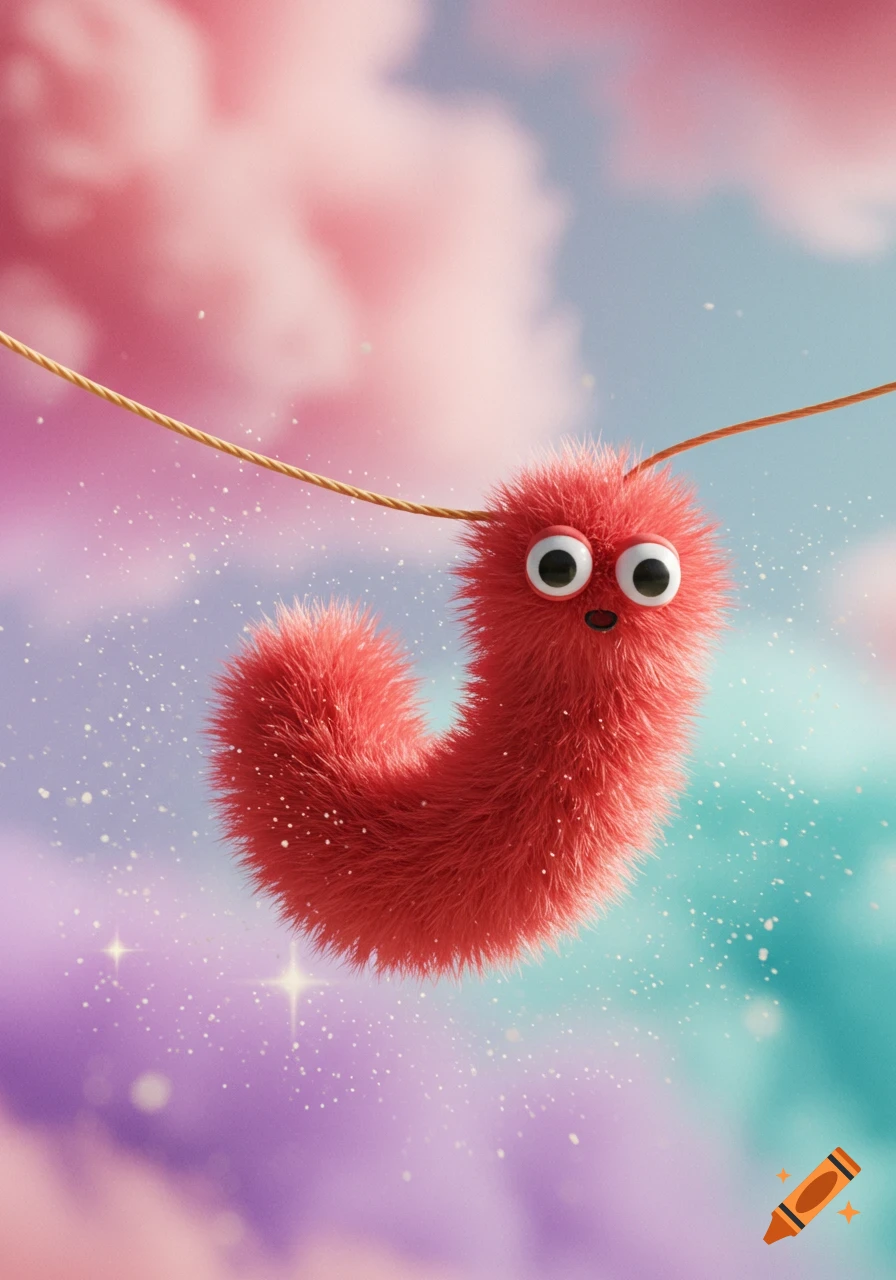 A cute, fluffy red worm-like creature with large googly eyes hangs from a string against a pastel pink, purple, and blue cloudy sky with sparkling effects.