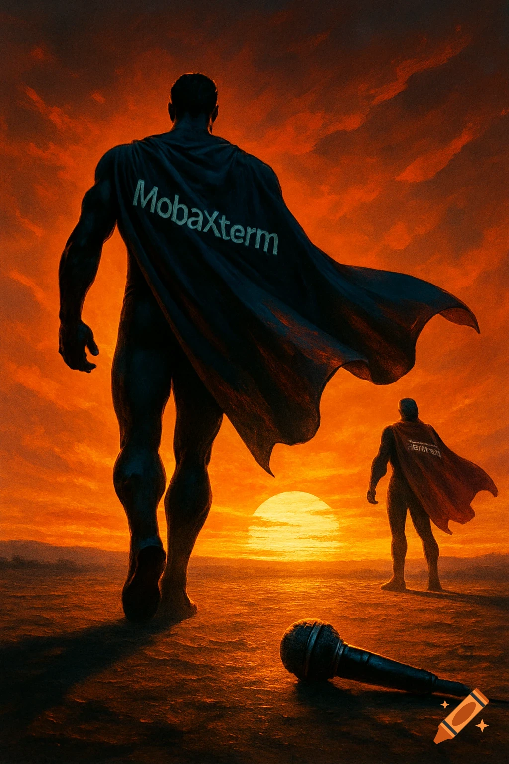 A large superhero with 'MobaXterm' on his cape walks away at sunset, with a microphone on the ground and another superhero in the distance.