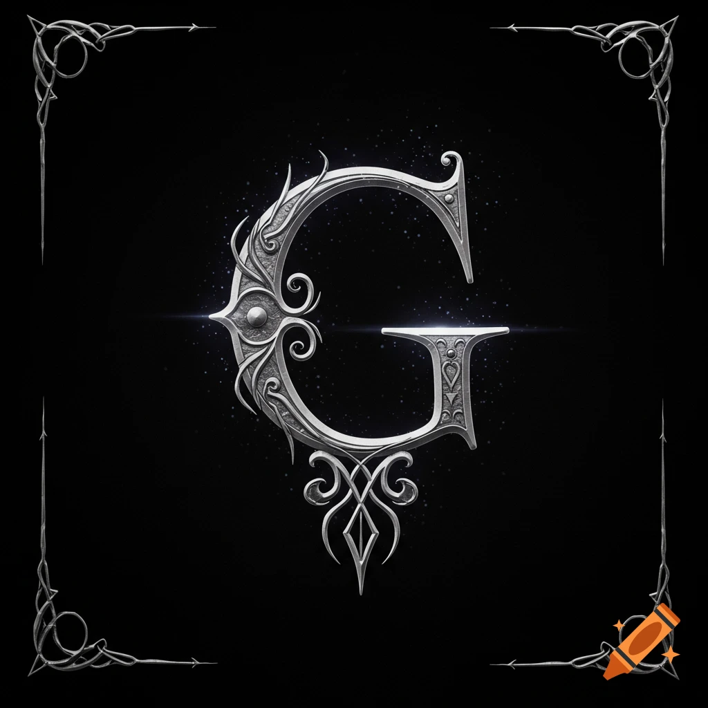 An intricate, ornate silver letter G with elven designs on a dark background, framed by decorative silver borders.