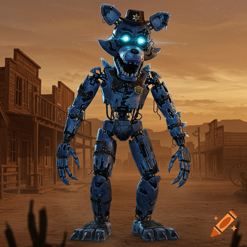 A stylized blue animatronic wolf in a sheriff hat stands in a desolate wild west town at sunset.