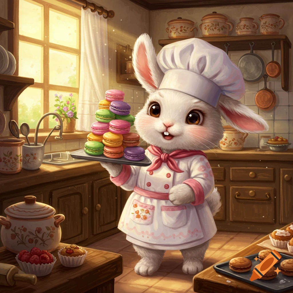 A cute cartoon bunny chef in a white uniform holds a tray piled high with colorful macarons in a cozy kitchen.
