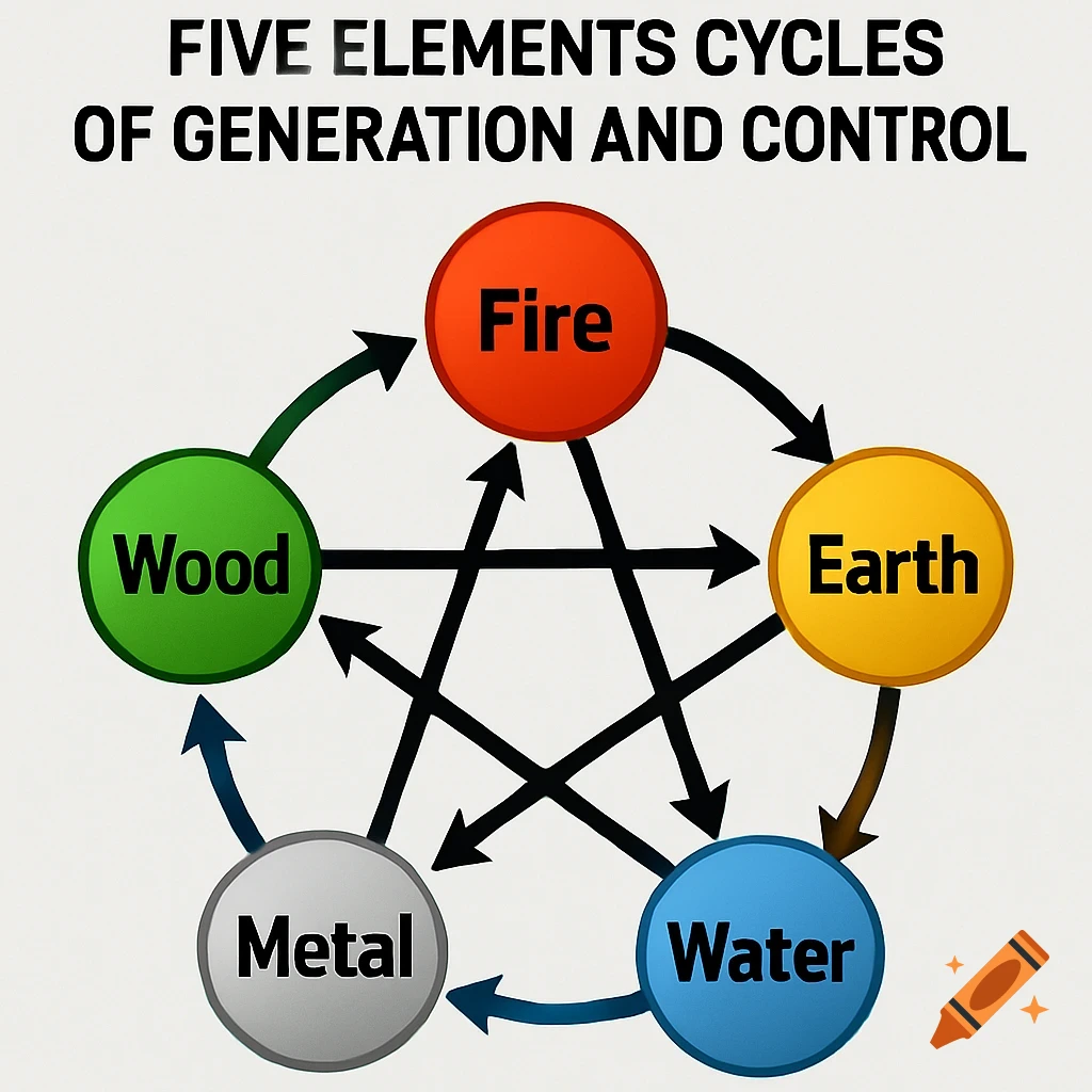 Diagram illustrating the Five Elements Cycles of Generation and Control, with labeled circles for Fire, Earth, Water, Metal, and Wood connected by arrows.