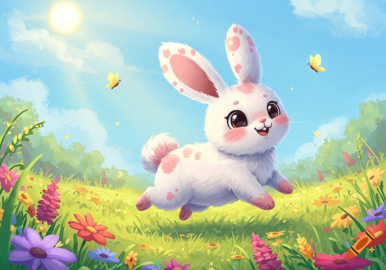 A cute white cartoon bunny with pink spots hops through a sunny field of colorful wildflowers under a blue sky with butterflies.