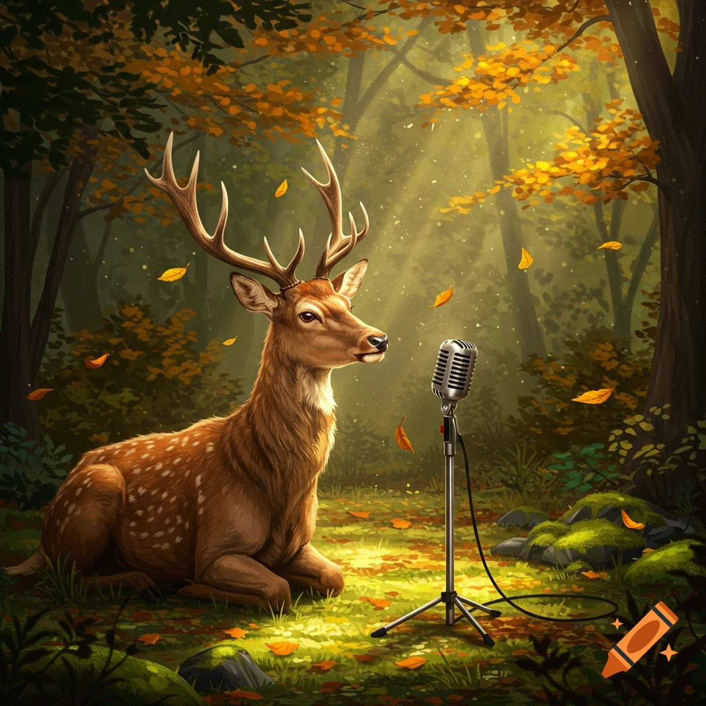 A deer sits in a sunlit autumnal forest, looking towards a vintage microphone.