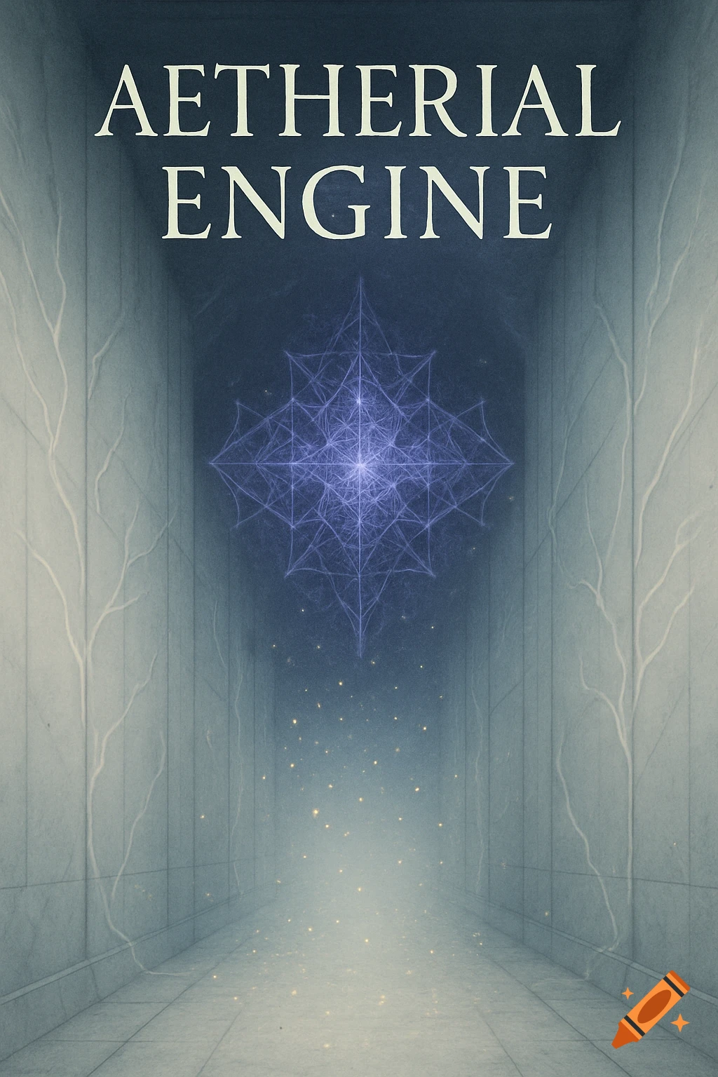 A book cover depicting a long grey corridor leading to a glowing blue fractal pattern, with the title 'AETHERIAL ENGINE' at the top.
