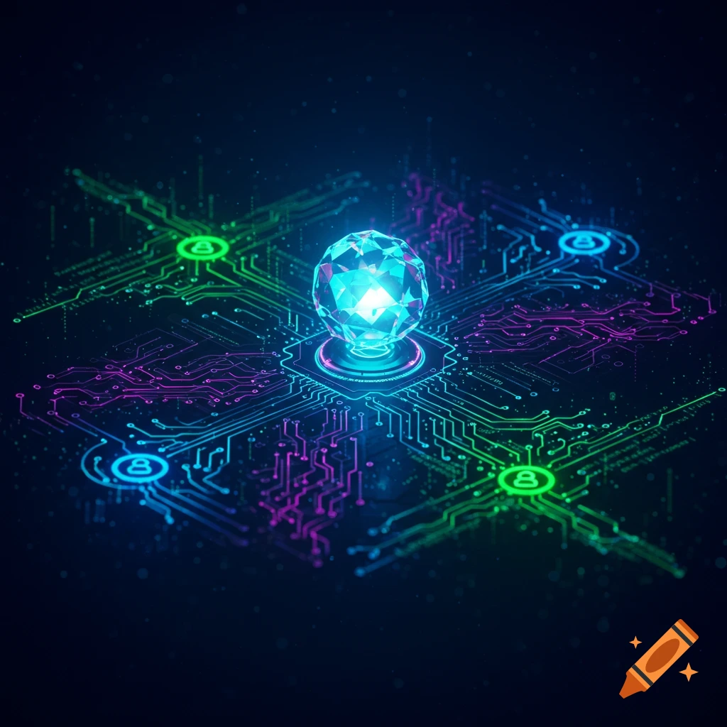 A glowing teal faceted crystal sphere sits on a dark circuit board with neon green and purple traces and light particles.