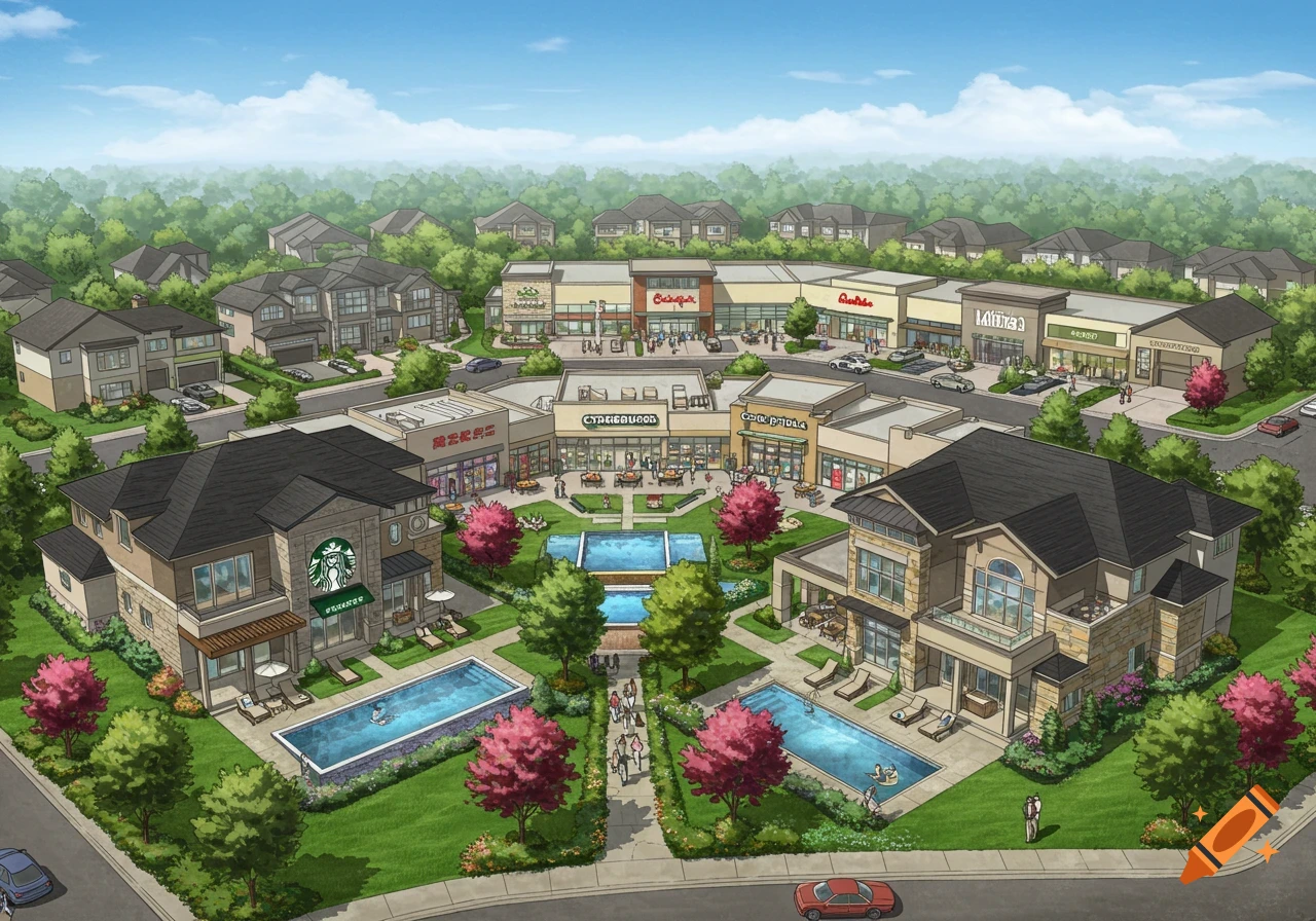 An aerial illustration of a suburban mixed-use development with houses, pools, and a shopping center featuring familiar brand stores like Starbucks and Chick-fil-A.