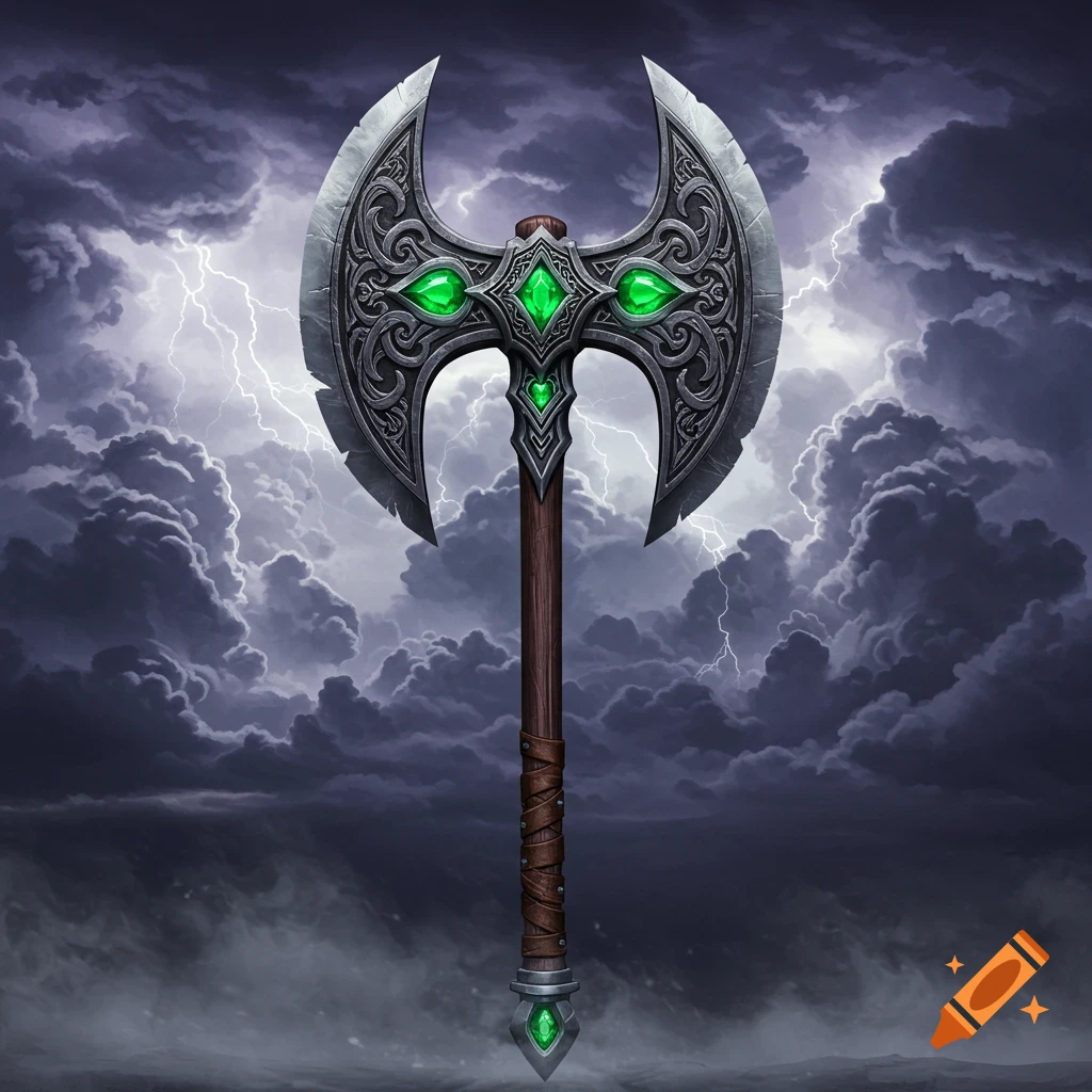 A highly detailed fantasy greataxe with emerald jewel inlays, set against a dramatic stormy sky with lightning.