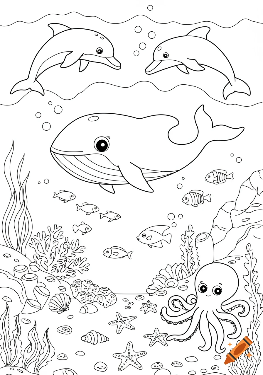 Simple black and white line drawing of underwater sea life including dolphins, a whale, fish, an octopus, starfish, and coral.