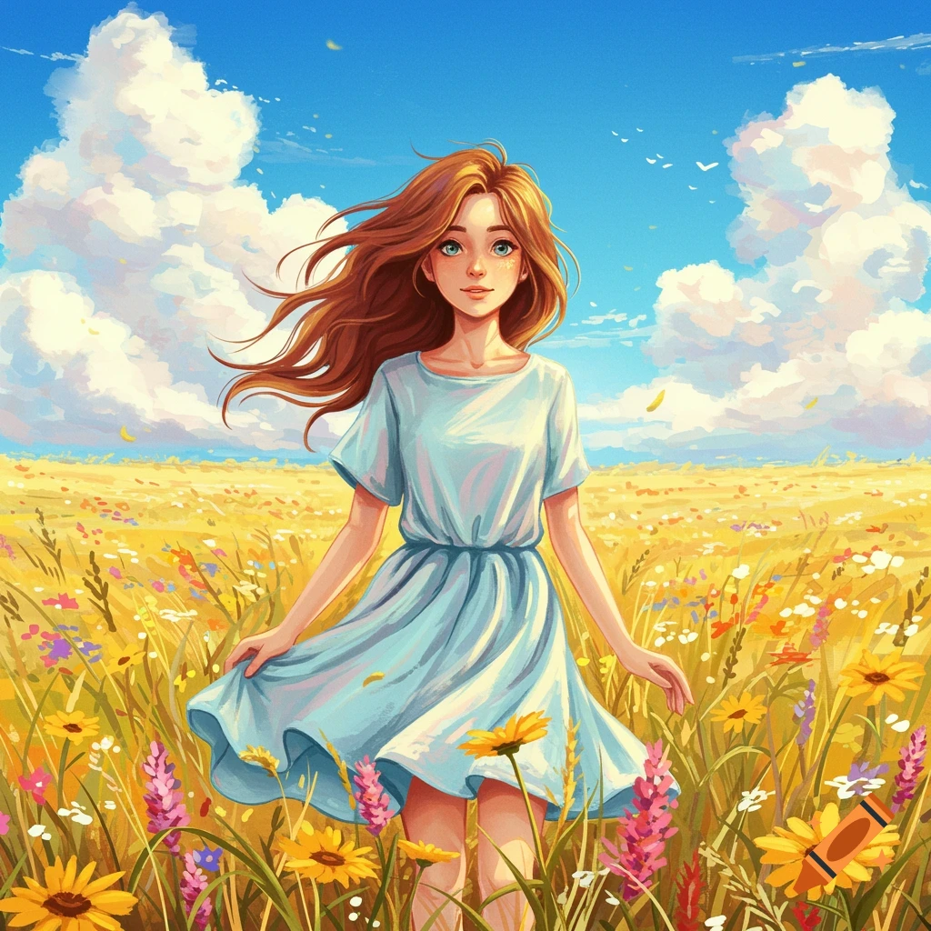A girl with long brown hair stands in a vibrant field of yellow and purple wildflowers under a bright blue sky, digital illustration.
