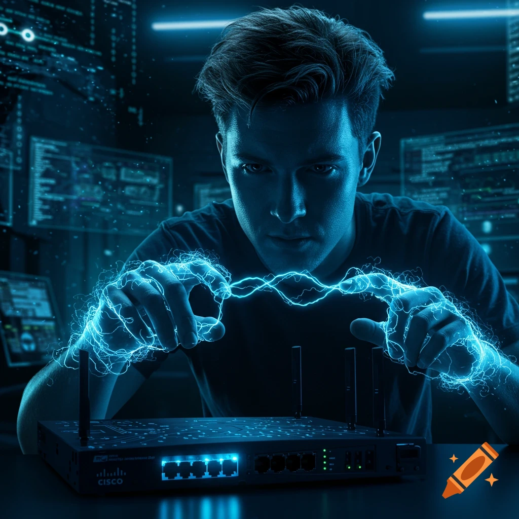 A man in a dark, tech-filled room holds his hands over a Cisco router, with glowing blue electricity forming between them. Photorealistic style.