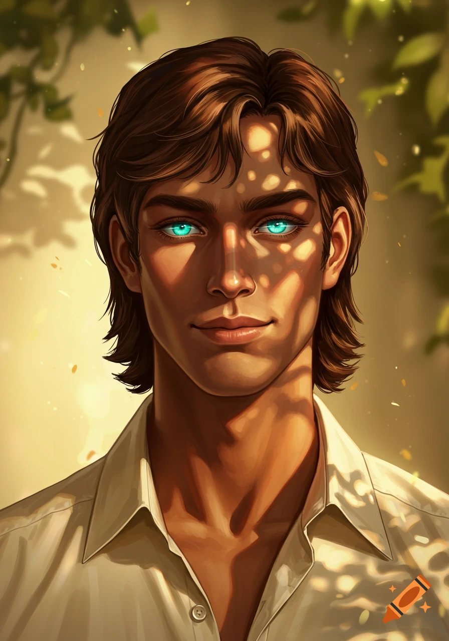 A stylized portrait of a young man with brown hair, tan skin, and glowing blue-green eyes, dappled in sunlight filtering through leaves.