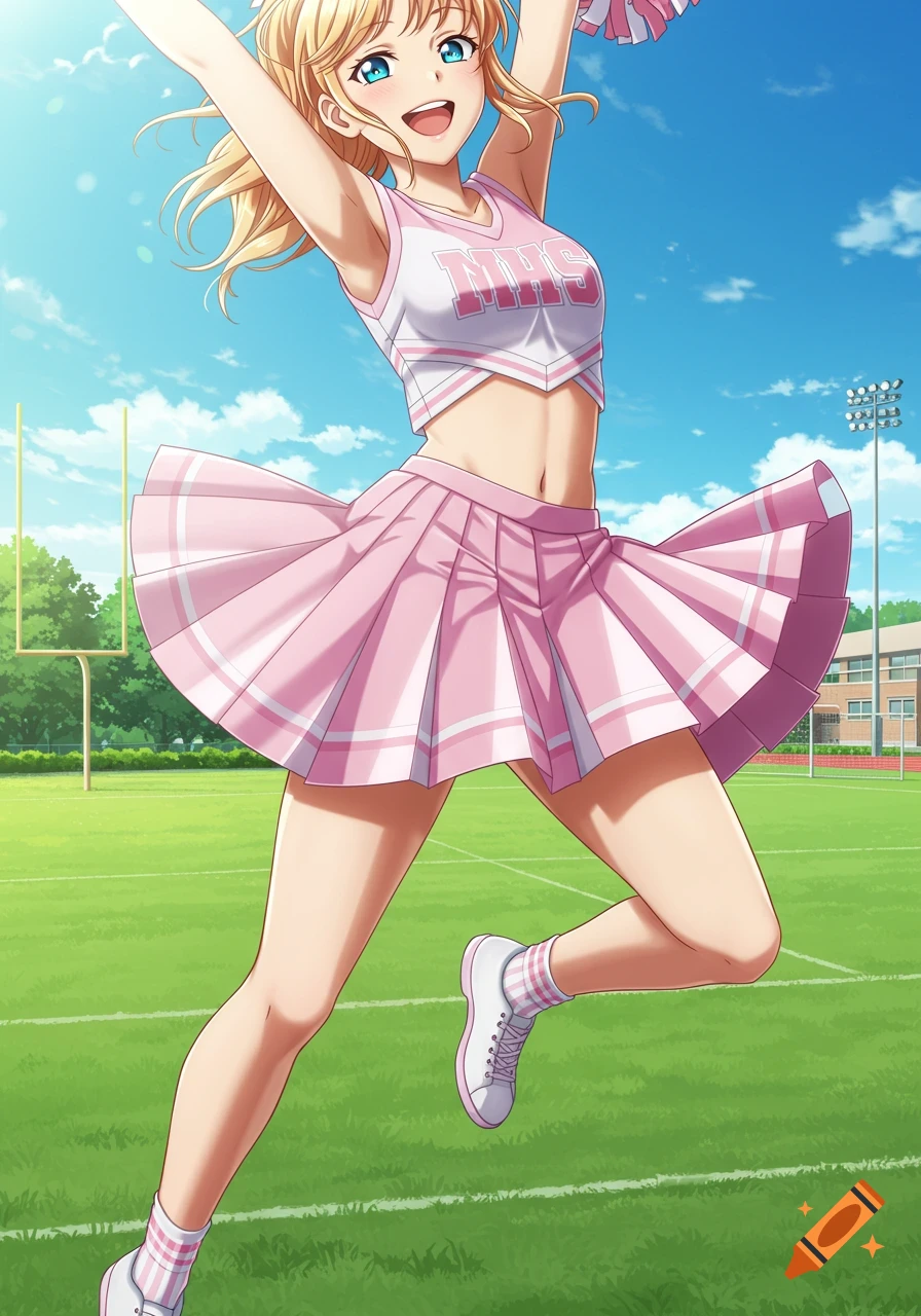 Anime illustration of a blonde cheerleader jumping on a green sports field, wearing a pink and white uniform.