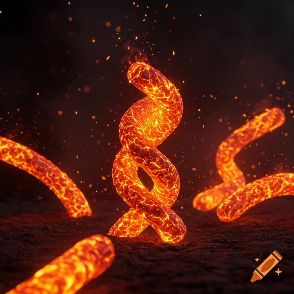 Glowing fiery twisted tendrils emerge from dark ground with embers.