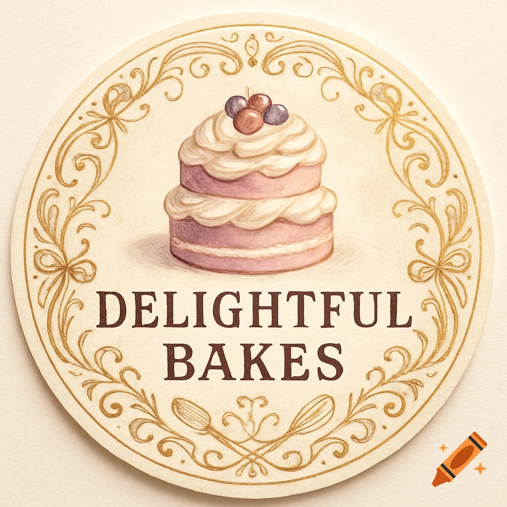 Circular cream label with an illustrated pink two-tiered cake, golden scrollwork, and 'DELIGHTFUL BAKES' text.