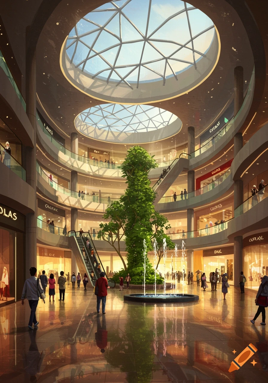 An expansive, sunlit shopping mall interior with multiple levels, escalators, a central tree, and fountains. Many people are walking around.