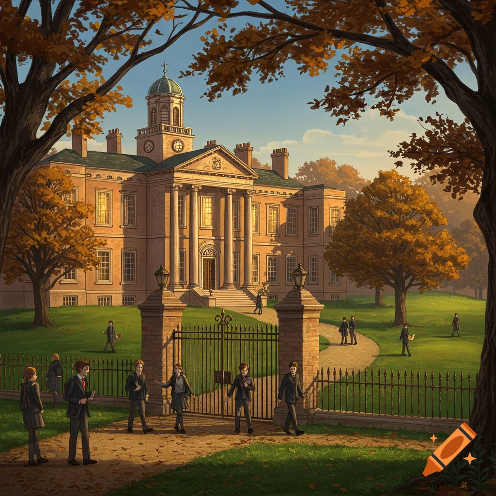 A grand, traditional private high school building with students walking through an ornate gate and across green lawns on an autumn day.
