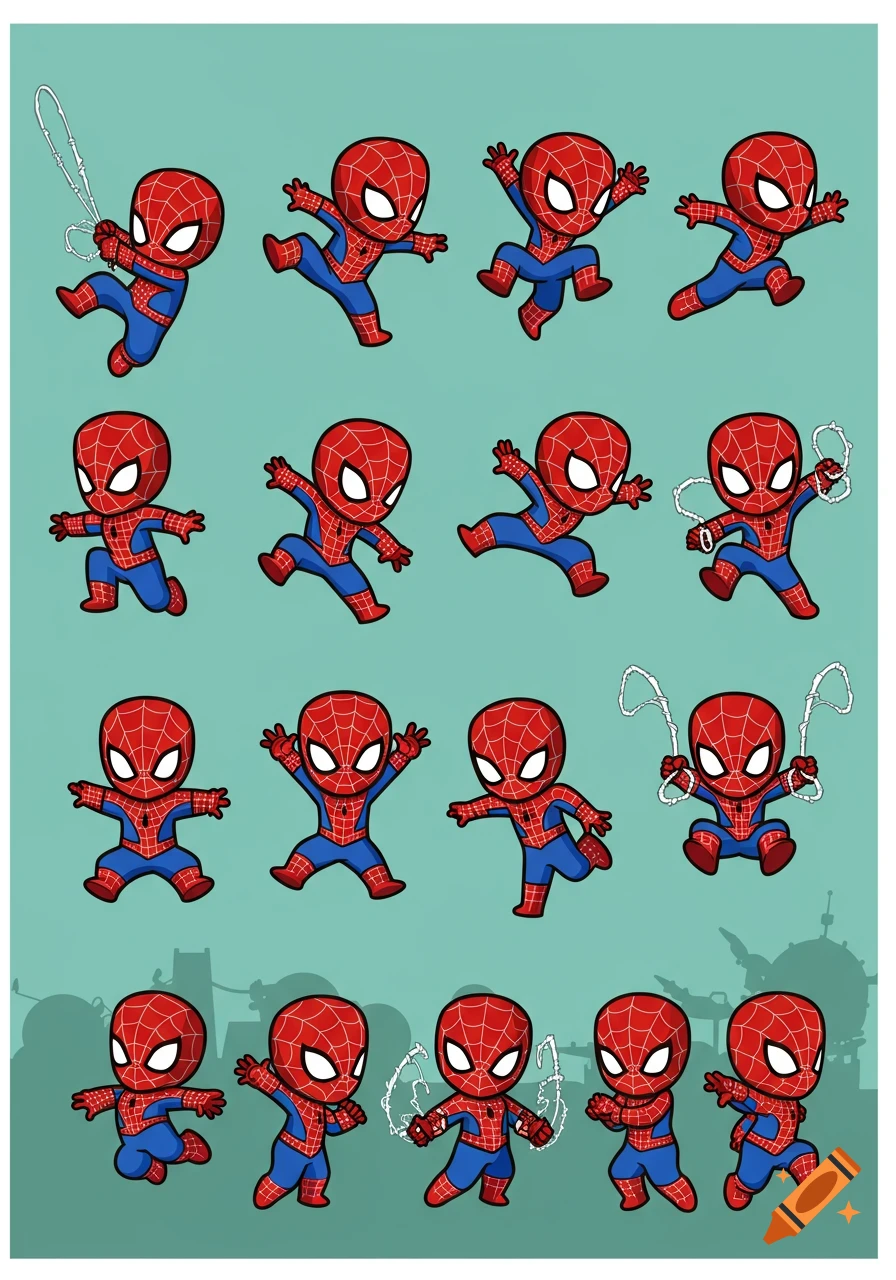 A sprite sheet featuring 15 chibi-style Spider-Man characters in various action poses on a teal background.