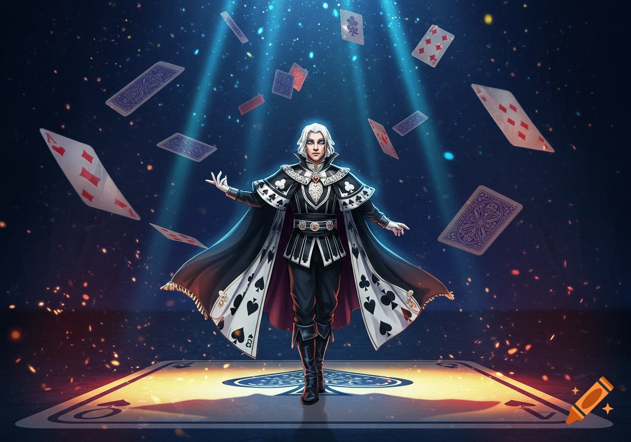 A magician-like character with white hair and dark robes stands on a large playing card, surrounded by floating cards and spotlights. The style is detailed and illustrative.
