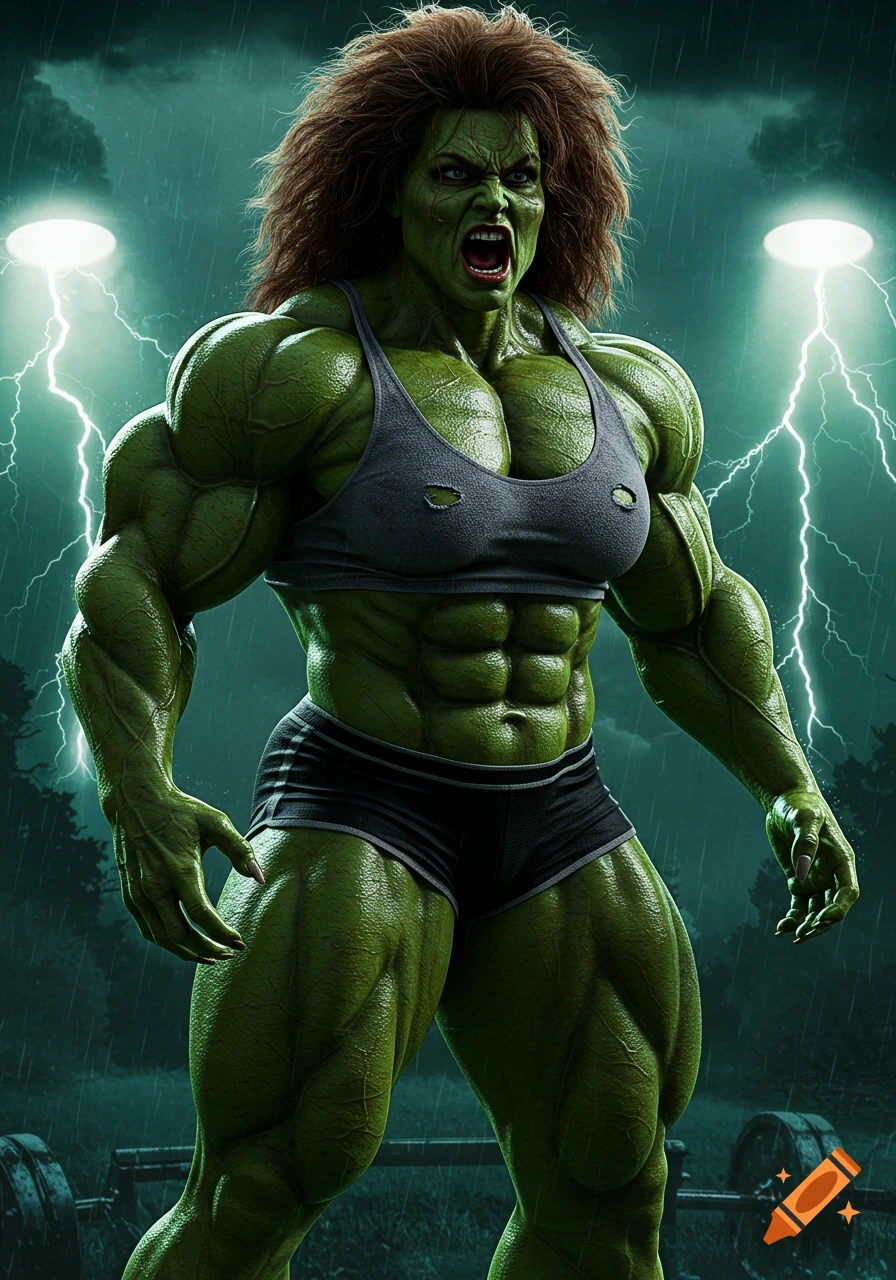 A muscular, green-skinned female She-Hulk roars in a ripped sports bra and shorts, standing in the rain with lightning and spotlights.
