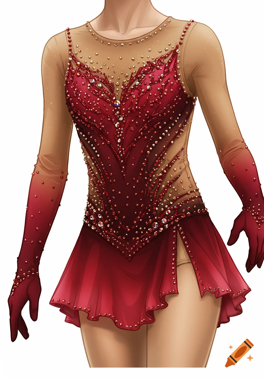 Detailed illustration of a red figure skating dress with an ombr\u00e9 gradient, sheer elements, and numerous rhinestones.