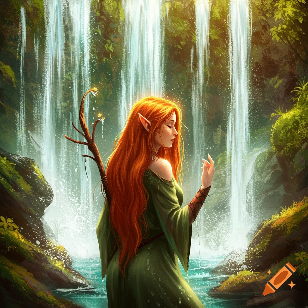 An illustrated fantasy image of a red-haired elf woman standing in water under a large waterfall in a lush forest.