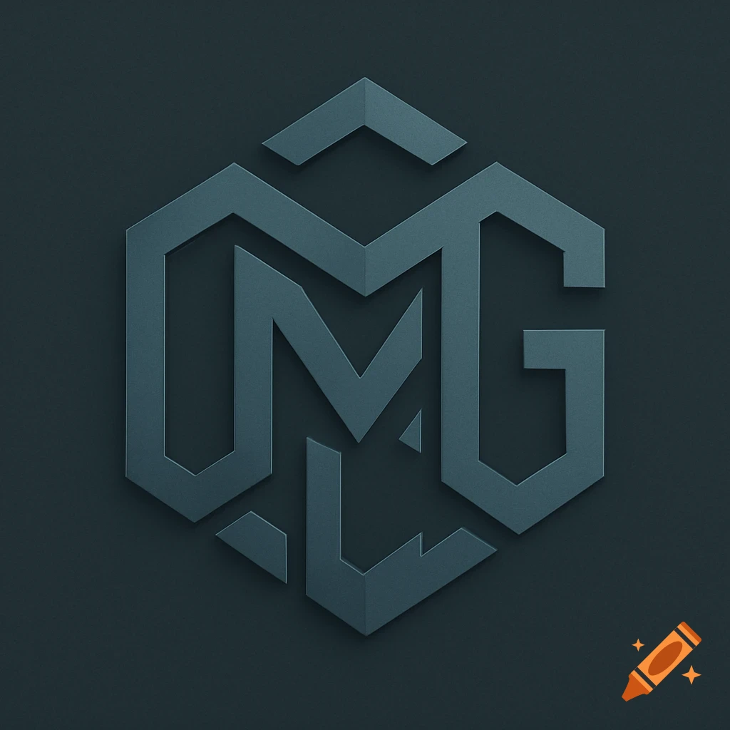 A stylized geometric logo combining the letters D, M, G, and C in dark teal with a subtle shadow effect on a charcoal background.