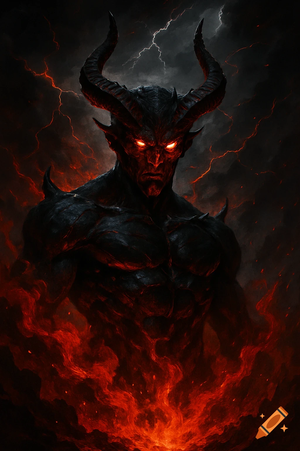 A powerful, dark demon with glowing red eyes and large horns stands amidst a fiery inferno with lightning in the stormy sky.