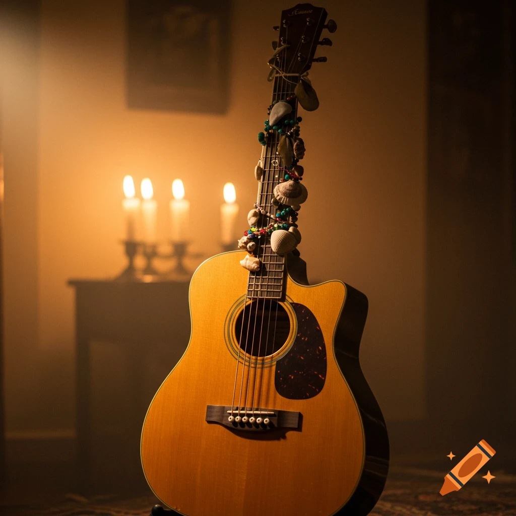 An acoustic guitar decorated with seashells and beads, standing in a dimly lit room with candles in the background.