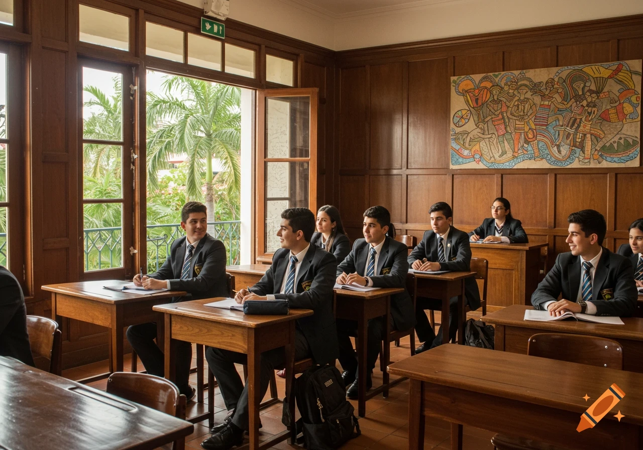 Photorealistic image of students in school uniforms sitting at wooden desks in a bright classroom with large windows.