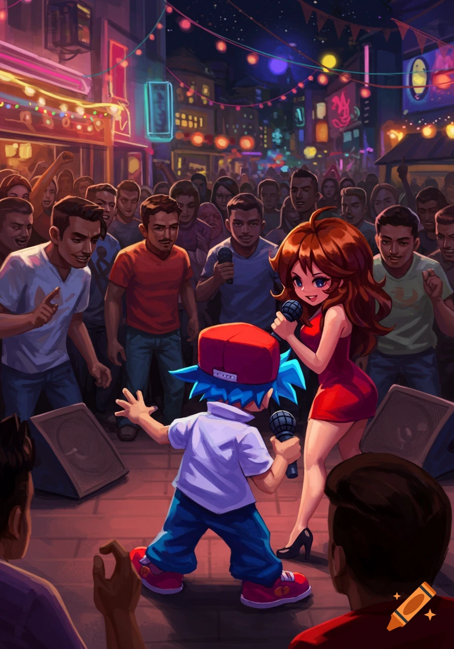 Stylized cartoon image of Boyfriend and Girlfriend from Friday Night Funkin' in a rap battle on a stage at night, surrounded by a cheering crowd and vibrant neon signs.