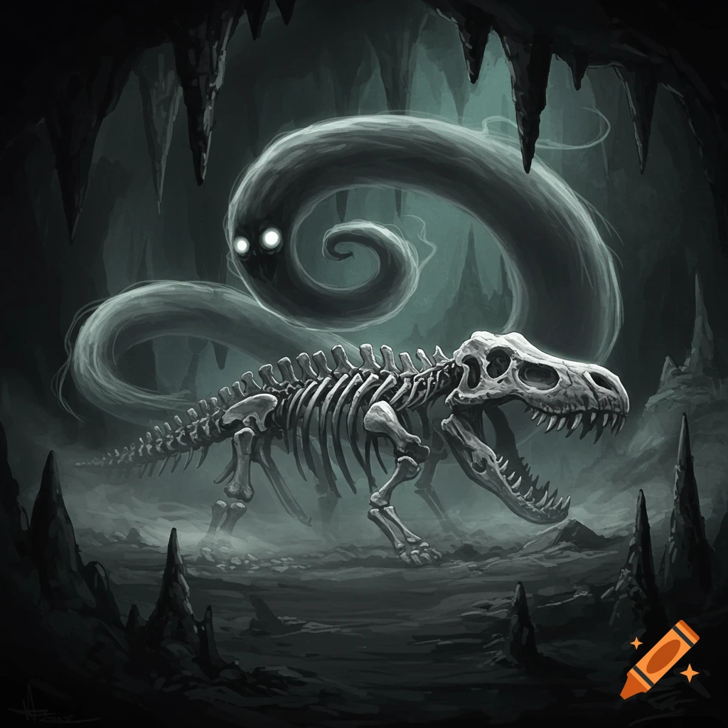 A dark ghostly creature with glowing eyes hovers over a dinosaur skeleton in a shadowy cave, in a fantasy art style.