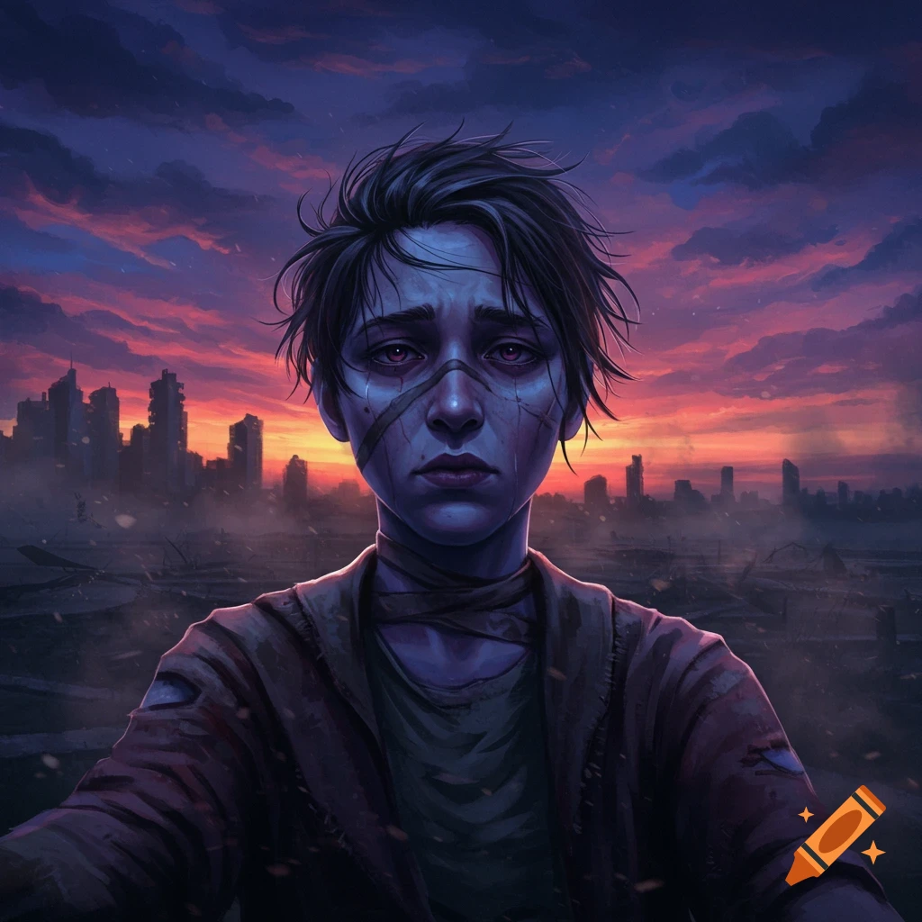 A close-up, stylized portrait of a distressed person with bandaged face in a ruined city at sunset, post-apocalyptic art.