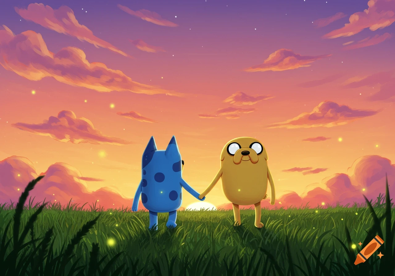 Bluey and Jake from Adventure Time hold hands in a grassy field at sunset with an orange and purple sky.