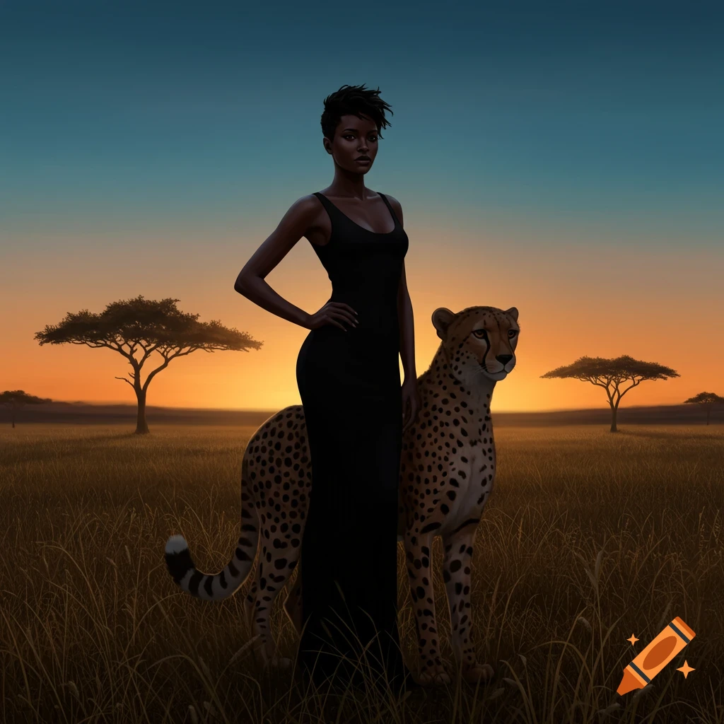 A woman in a black dress stands beside a cheetah in a savanna at sunset.