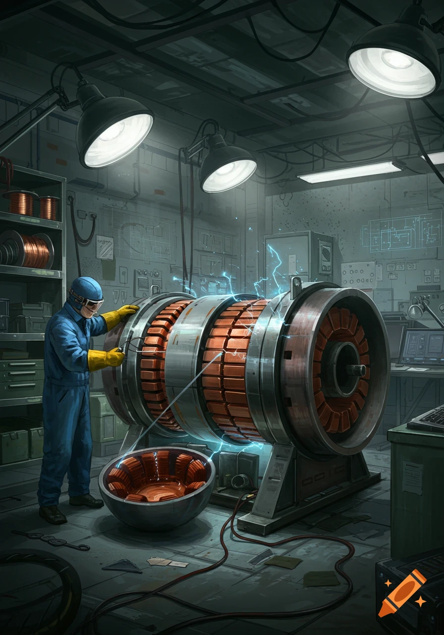 A worker in a blue uniform and yellow gloves works on a large, partially disassembled high voltage generator in a workshop, with electrical sparks visible.